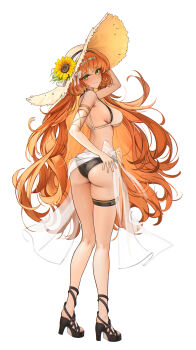 1girl absurdres alternate_costume ass back bare_legs bare_shoulders bikini black_bikini black_shoes blush breasts brown_hat bubble99 closed_mouth commentary_request flower from_behind full_body green_eyes hand_on_own_hip hat hat_flower high_heels highres ishmael_(project_moon) kneepits korean_commentary legs limbus_company long_hair looking_at_viewer looking_back mismatched_bikini orange_hair project_moon sarong shoes sideboob simple_background smile solo standing sun_hat sunflower swimsuit thigh_strap very_long_hair white_background white_bikini white_sarong