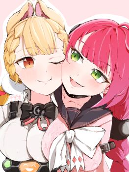 2girls absurdres alice_thymefield animal_ears blonde_hair blush breasts commentary_request hair_ornament heterochromia highres large_breasts long_hair looking_at_viewer low_twintails multiple_girls nadeko03 rabbit_ears rabbit_girl red_eyes red_hair shirt sphere_hair_ornament twintails ukinami_yuzuha white_shirt yellow_eyes zenless_zone_zero