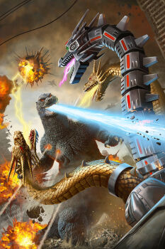 aircraft airplane amputee atomic_breath breath_weapon breathing_lightning building claws cloud cloudy_sky cyborg day debris destruction dinosaur dragon dust ears electricity electrokinesis energy energy_beam epic explosion extra_teeth f-15_eagle forked_tongue giant giant_monster giant_robot godzilla godzilla_(series) godzilla_vs._king_ghidorah gravity_beam green_eyes highres hydra kaiju king_ghidorah laser mecha mecha-king_ghidorah metal_wings military monster mouth_beam multiple_heads muscular muscular_arms muscular_legs muscular_other no_humans no_pupils official_art open_mouth orange_eyes overcast pablo_olivera pectorals plasma plasma_beam pointy_ears prosthesis prosthetic_head prosthetic_wing realistic red_eyes robot rubble sky skyscraper smoke solar_panel solar_panel_wings sparks spikes tail tendril textless_version thick_thighs thighs toho tongue tongue_out triple-laser_beam variant_set wings