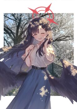 1girl absurdres black_hair black_wings blue_archive blue_eyes blue_skirt blush eshineko hair_behind_ear halo highres ichika_(blue_archive) long_hair long_skirt looking_at_viewer one_eye_closed open_mouth red_halo shirt short_sleeves skirt solo teeth upper_teeth_only white_shirt wings