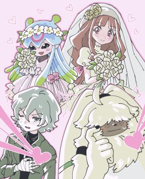angoramon bandaged_arm bandages blue_eyes blush digimon digimon_(creature) digimon_ghost_game dress higashimitarai_kiyoshiro jellyfish_girl jellymon looking_at_another monster_girl short_hair tentacle_hair tentacles tsukiyono_ruli wedding_dress white_hair yuuairulove