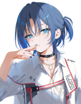 Rule 34 | 1girl, belt, belt collar, black belt, blue eyes, blue hair, blue nails, chain, chain necklace, collar, collared shirt, commentary request, finger to mouth, fingernails, hair between eyes, highres, hiodoshi ao, hiodoshi ao (regloss uniform), hololive, hololive dev is, jewelry, long fingernails, looking at viewer, medium hair, mignon, nail polish, necklace, official alternate costume, parted lips, shirt, simple background, solo, teeth, twitter username, upper body, virtual youtuber, white background, white shirt