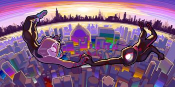 cityscape highres holding_hands marvel mascaraline miles_morales non-web_source spider-gwen spider-man:_into_the_spider-verse spider-man_(miles_morales) spider-man_(series) spider-verse