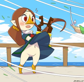 1boy 1girl beak bird_girl black_dress blush boots brown_hair cloud conductor_baton dangerking11 dress falling_leaves flying_sweatdrops harp headband highres holding holding_baton holding_harp holding_instrument instrument leaf leaves link loli long_hair low_ponytail medli navel nintendo no_panties no_pussy ocean open_mouth orange_boots pointy_ears ponytail railing red_eyes red_tabard rito short_sleeves sky surprised tabard the_legend_of_zelda the_legend_of_zelda:_the_wind_waker water wind wind_lift wind_waker_(object)
