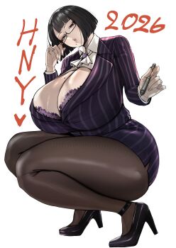 1girl 2026 absurdres adjusting_eyewear ascot ass black-framed_eyewear black_eyes black_hair black_shoes bra bra_peek breasts cleavage collared_shirt commentary empty_eyes english_commentary floral_print_bra formal_clothes full_body glasses grace_(puzenketsu) hand_up happy_new_year head_tilt high_heels highres holding holding_pen huge_ass huge_breasts jewelry looking_at_viewer mature_female mole mole_on_breast mole_under_mouth new_year original pantyhose parted_lips pen pinstripe_pattern pinstripe_skirt pinstripe_suit purple_bra puzenketsu ring semi-rimless_eyewear shirt shoes short_hair simple_background skirt solo squatting suit thick_thighs thighs under-rim_eyewear underwear white_background white_shirt