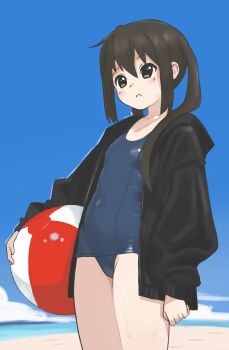 1girl absurdres alternate_costume andreypavlow ball beach beachball black_hair black_jacket blue_sky blush breasts brown_eyes cloud collarbone commentary covered_navel cowboy_shot hair_between_eyes highres horizon jacket k-on! long_sleeves looking_ahead nakano_azusa ocean open_clothes open_jacket pout school_swimsuit sidelocks sky sleeves_past_wrists small_breasts solo swimsuit thighs twintails