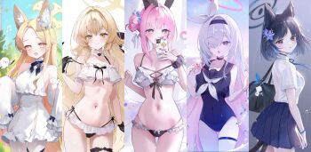 5girls adapted_costume alternate_costume alternate_hairstyle animal_ear_fluff animal_ears bag bare_arms bare_shoulders bikini bird black_bikini black_choker black_eyes black_gloves black_hair black_hairband black_one-piece_swimsuit black_sailor_collar black_shirt blonde_hair blue_archive blue_bow blue_halo blue_skirt blush bow breasts cat_ears cat_tail cellphone choker cleavage closed_mouth collarbone commentary covered_navel cowboy_shot crying dress empty_eyes eyes_visible_through_hair fake_animal_ears feathered_wings flower fox_ears fox_girl fox_tail frilled_bikini frills gloves gluteal_fold green_eyes hair_bow hair_bun hair_flower hair_intakes hair_ornament hair_over_one_eye hairband halo hand_up hands_up highres holding holding_phone jogabi kikyou_(blue_archive) large_breasts layered_bikini light_frown light_particles loli long_hair looking_at_viewer low_wings medium_breasts mika_(blue_archive) multiple_girls multiple_tails musical_note navel neckerchief ocean one-piece_swimsuit open_mouth outdoors pantyhose phone pink_hair pink_halo pink_nails plana_(blue_archive) pleated_skirt professor_niyaniya_(blue_archive) pubic_tattoo rabbit_ears rain red_halo red_pupils sailor_collar school_bag school_uniform seia_(blue_archive) selfie shaded_face shirt short_hair short_sleeves simple_background single_hair_bun single_side_bun skirt sleeves_past_fingers sleeves_past_wrists small_breasts smartphone smile stomach strap_slip sweat swimsuit tail tattoo teruterubouzu thigh_strap thighs tit_(bird) two_tails underboob undressing very_long_hair water_drop white_background white_bikini white_bird white_bow white_dress white_flower white_hair white_neckerchief white_pantyhose white_shirt white_wings wing_ornament wings yellow_bow yellow_eyes yellow_halo