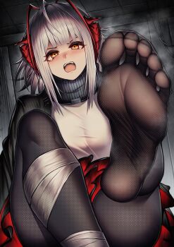 1girl absurdres antenna_hair arknights bandaged_leg bandages black_jacket black_pantyhose black_scarf black_skirt blush breasts cigaros commentary_request eyelashes feet foot_focus foot_out_of_frame frown full_body furrowed_brow grey_hair grey_shirt highres horns jacket long_sleeves looking_at_viewer medium_breasts medium_hair miniskirt no_shoes open_clothes open_jacket open_mouth orange_eyes pantyhose presenting_foot red_horns red_skirt scarf see-through_pantyhose shirt sidelocks skirt slit_pupils smell soles solo steam steaming_body tearing_up toes two-tone_shirt v-shaped_eyebrows w_(arknights)