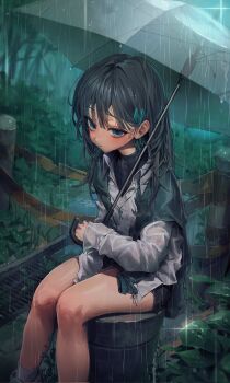 1girl black_hair black_shorts blurry blurry_background blush caution_tape cf_sdg closed_mouth collared_shirt commentary drain_(object) dress_shirt feet_out_of_frame forest grass green_eyes green_jacket green_ribbon hair_ribbon highres holding holding_umbrella jacket jacket_on_shoulders long_hair long_sleeves looking_at_viewer nature original outdoors plant rain ribbon shirt short_shorts shorts sitting solo symbol-only_commentary transparent transparent_umbrella umbrella wet wet_clothes wet_shirt white_shirt