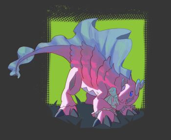 765_nanami all_fours blue_eyes digimon digimon_(creature) dimetromon fins full_body green_background highres no_humans open_mouth purple_scales reptile