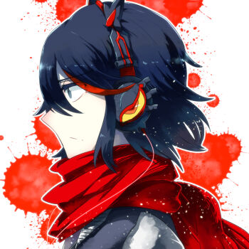 Rule 34 | 10s, 1girl, adapted costume, black hair, blue eyes, cable, facing away, from side, headphones, kill la kill, matoi ryuuko, multicolored hair, profile, red hair, red scarf, scarf, senketsu, short hair, simple background, sparkle, takatsuki nato, two-tone hair, yotakano