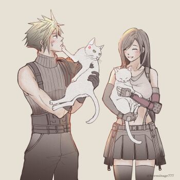 1boy 1girl anger_vein animal armor bare_shoulders black_gloves black_hair black_pants black_skirt black_thighhighs blonde_hair blush breasts cat closed_mouth cloud_strife cowboy_shot crop_top elbow_gloves final_fantasy final_fantasy_vii final_fantasy_vii_remake gloves ha_lu77 hashtag-only_commentary holding holding_animal large_breasts long_hair pants parted_lips ribbed_sweater short_hair shoulder_armor single_arm_guard skirt sleeveless sleeveless_turtleneck smile spiked_hair suspender_skirt suspenders sweatdrop sweater tank_top thighhighs tifa_lockhart turtleneck turtleneck_sweater white_cat white_tank_top zettai_ryouiki