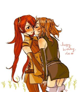 2girls brown_hair closed_eyes cynthia_(fire_emblem) english_text fire_emblem fire_emblem_awakening holding_hands kiss multiple_girls nintendo red_eyes red_hair severa_(fire_emblem) simple_background twintails yuri