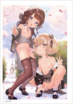 3girls ahoge blonde_hair blush bobby_socks breasts brown_hair censored cherry_blossoms clothes_pull dress exhibitionism functionally_nude henreader highres jacket kodomo_doushi loli long_hair mary_janes mosaic_censoring mouth_pull multiple_girls nipples off_shoulder open_clothes open_jacket open_mouth original outdoors panties panty_pull pantyhose pantyhose_pull petals pink_panties public_indecency purple_eyes pussy school_uniform shoes short_hair small_breasts smile socks spring_(season) squatting underwear v yuri