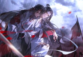 2boys aa820733 absurdres black_hair black_hanfu black_pants blood blood_on_clothes blood_on_face blood_on_hands blood_splatter blood_spray blurry blurry_foreground carrying carrying_person chenqing_flute chinese_clothes clenched_teeth cloud cloudy_sky coat dizi flag flute grey_coat hair_down half_updo hanfu headband highres holding holding_flute holding_instrument injury instrument jian_(weapon) lan_wangji long_hair long_sleeves male_focus modao_zushi multiple_boys official_alternate_costume official_alternate_hairstyle outdoors pants parted_lips piggyback rain red_eyes red_ribbon ribbon robe sidelocks sky smoke sword teeth topknot torn_clothes transverse_flute watermark weapon wei_wuxian wei_wuxian_(yiling_laozu) weibo_watermark wet wet_hair white_hanfu white_headband wide_sleeves xiao_guan_(headdress) yaoi yellow_eyes