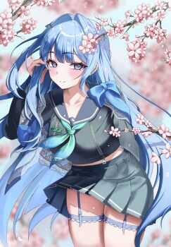 1girl absurdres arcana_(fortune_mate)_(nikke) arcana_(nikke) black_sailor_collar black_serafuku black_skirt blue_eyes blue_garter_straps blue_hair blue_neckerchief blush breasts cherry_blossoms closed_mouth collarbone crop_top crop_top_overhang cropped_shirt garter_straps goddess_of_victory:_nikke gradient_neckerchief green_neckerchief hair_ornament highres large_breasts long_hair looking_at_viewer luu_naa multicolored_neckerchief neckerchief official_alternate_costume pleated_skirt sailor_collar school_uniform serafuku shawl skirt smile solo very_long_hair white_shawl