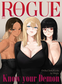 3girls armpits black-framed_eyewear black_dress black_hair blonde_hair blunt_bangs brand_name_imitation breasts brown_hair claire_lamund_(nhaliz) collarbone commentary commentary_request cover dark-skinned_female dark_skin double-parted_bangs dress english_text fake_magazine_cover forehead glasses gradient_hair highres huge_breasts kyoka_(nhaliz) large_breasts light_smile looking_at_viewer magazine_cover medium_hair mole mole_on_breast mole_under_eye multicolored_hair multiple_girls nhaliz original ovilia_(nhaliz) parted_lips round_eyewear short_hair sleeveless sleeveless_dress strapless strapless_dress upper_body v-neck vogue_(magazine)