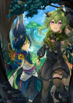 1boy 1girl :d ahoge animal_ear_fluff animal_ears arm_up artist_name black_bridal_gauntlets black_gloves black_hair black_pants blue_pants blue_sky blunt_ends bob_cut bridal_gauntlets bright_pupils brown_dress brown_eyes brown_gloves brown_sleeves brown_thighhighs cape capelet capri_pants closed_mouth cloud collei_(genshin_impact) commentary crossed_bangs day detached_sleeves drawstring dress earrings english_commentary flower forest fox_boy fox_ears fox_tail genshin_impact gloves gold_earrings gold_thighlet grass green_cape green_capelet green_eyes green_hair hair_between_eyes hair_ornament hood hood_down hoodie instagram_logo jewelry light_particles long_sleeves looking_at_viewer medium_hair multicolored_eyes multicolored_gloves multicolored_hair mushroom nature open_mouth outdoors pants plant pouch purple_eyes purple_sash sash short_hair single_earring sky sleeveless sleeveless_dress smile soulc1ty standing streaked_hair tail tassel teeth thighhighs thighlet tighnari_(genshin_impact) tree twitter_logo two-tone_eyes two-tone_gloves vision_(genshin_impact) white_pupils yellow_cape yellow_flower