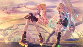 2girls absurdres aqua_hair aqua_necktie arms_behind_back black_skirt black_socks blonde_hair blue_eyes blue_necktie breasts closed_mouth commentary commission crossover english_commentary evening gradient_hair hair_between_eyes hair_ornament headphones headphones_around_neck highres id_card jacket kitagawa_marin leaning_forward leenarie long_hair looking_at_another looking_down lynae_(wuthering_waves) medium_breasts multicolored_hair multiple_girls necktie outdoors pink_eyes pink_hair roller_skates shirt skates skirt skull_hair_ornament smile socks sono_bisque_doll_wa_koi_wo_suru white_jacket white_shirt wuthering_waves