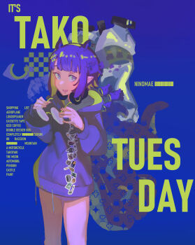 1girl :d absurdres blue_background blunt_bangs bob_cut commentary dated_commentary english_text fang hair_ornament hairclip headphones headphones_around_neck highres holding holding_removed_eyewear hololive hololive_english hood hoodie looking_at_viewer ninomae_ina'nis ninomae_ina'nis_(loungewear) no_pants official_alternate_costume official_alternate_hairstyle open_mouth pinepizza pointy_ears purple_hair purple_hoodie short_hair simple_background smile solo standing takodachi_(ninomae_ina'nis) tentacles unworn_eyewear virtual_youtuber