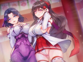 2girls architecture blue_eyes blush breasts brown_hair cameltoe detached_sleeves east_asian_architecture flower gluteal_fold hair_flower hair_ornament hair_ribbon hakama hakama_short_skirt hakama_skirt highres japanese_clothes large_breasts long_hair miko multiple_girls nipple_slip nipples nontraditional_miko original panties parted_bangs ponytail rebe11 ribbon short_hair skirt smile thighhighs underwear white_panties white_thighhighs