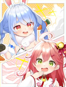:d animal_ear_fluff animal_ears blue_eyes blush fox_ears green_eyes highres hololive long_hair nontraditional_miko open_mouth orange_eyes pon_kichi sakura_miko sakura_miko_(1st_costume) shrugging smile smug split_screen upper_body usada_pekora usada_pekora_(1st_costume) virtual_youtuber