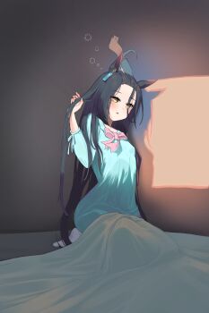Rule 34 | 1girl, absurdres, ahoge, animal ears, arm up, black hair, blanket, blue dress, blush, bow, breasts, commentary request, dev grater, dress, hair between eyes, highres, horse ears, horse girl, long bangs, long hair, long hair between eyes, long sleeves, manhattan cafe (umamusume), multicolored hair, nightgown, no tail, parted lips, pink bow, sleeping, small breasts, socks, solo, squeans, stretching, umamusume, very long hair, white hair, white socks, yellow eyes