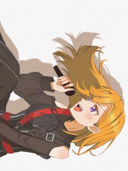 1girl belt_buckle breasts buckle colored_eyelashes commentary fingernails grey_background hand_up highres holding holding_microphone long_hair long_sleeves love_live! love_live!_superstar!! microphone official_alternate_costume open_mouth orange_hair purple_eyes shibuya_kanon sideways simple_background solo teeth uki-myan upper_teeth_only