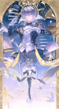 +_+ 1boy absurdres ascot black_bow black_bowtie black_coat black_pants black_shoes black_suit border bow bowtie bubble chinese_commentary closed_eyes closed_mouth coat collared_shirt conductor_baton cowboy_shot earrings expressionless eye_symbol formal_clothes full_body gloves gold_earrings grey_hair grey_vest hair_between_eyes halo halo_behind_head hands_up head_wings highres holding_baton honkai:_star_rail honkai_(series) jewelry lapel_pin lapels male_focus multiple_views music_stand musical_staff notched_lapels official_alternate_costume open_clothes open_coat ornate_border pants phonograph ribbon shards sheet_music shirt shoes solo spiked_halo spirit stairs standing star_(symbol) suit sun_symbol sunday_(honkai:_star_rail) sunday_(star_rail_live_2025)_(honkai:_star_rail) tailcoat tengyuan_bei_ze thigh_strap two-sided_coat two-sided_fabric vest white_ascot white_gloves white_shirt white_wings wings yellow_coat yellow_eyes yellow_ribbon