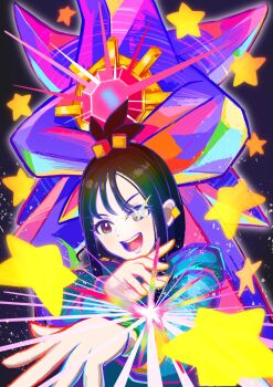 1girl black_background black_hair blue_jacket character_request ezgk385 gem gen_1_pokemon glowing highres jacket mega_pokemon mega_ring mega_starmie nintendo pokemon pokemon_(creature) pokemon_legends:_z-a simple_background star_(symbol) starmie