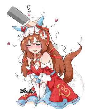 1girl animal_ears blush breasts brown_hair cleavage closed_eyes collarbone commentary_request hair_between_eyes hair_ornament headpat horse_girl long_hair nejikyuu open_mouth solo solo_focus still_in_love_(umamusume) sweat tears twitter_username umamusume veil white_background