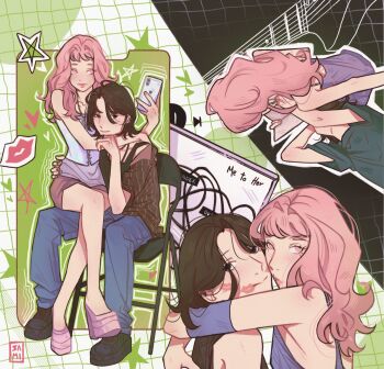 Rule 34 | 2girls, absurdres, arm around neck, arms around neck, artist logo, black eyes, black hair, black shoes, blue pants, brown shirt, cd case, cellphone, chair, commentary, couple, cross-laced clothes, cross-laced top, folding chair, full body, grid background, guitar, hashtag-only commentary, heads together, highres, holding, holding phone, instrument, kininatteru hito ga otoko ja nakatta, koga mitsuki, lap pillow, lips, lipstick mark, lipstick mark on face, logo, long hair, medium hair, miniskirt, multiple girls, multiple views, on chair, oosawa aya, pants, parted bangs, phone, pink eyes, pink hair, pink shoes, platform shoes, sami (samirinmo), shirt, shoes, sitting, sitting on lap, sitting on person, skirt, smartphone, star (symbol), upper body, yuri