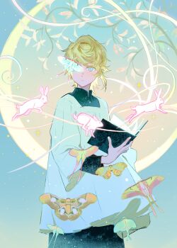 1boy absurdres black_sleeves blonde_hair blue_eyes book bug dress highres insect lingcod_dayu looking_at_viewer male_focus moth one_eye_covered open_book original plant rabbit white_dress