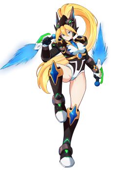 1girl absurdres alternate_costume armor armored_boots armored_gloves biometal blonde_hair blue_eyes body_armor boots breasts chest_jewel ciel_(mega_man) commission commissioner_upload covered_navel dual_wielding elbow_gloves energy_dagger eyelashes fighting_stance fishnet_sleeves fishnets forehead_jewel full_body gauntlets gloves helmet high_heel_boots high_heels highres holding knee_boots leotard long_bangs looking_at_viewer marino_(mega_man) mechanical_ears mega_man_(series) mega_man_zero_(series) mega_man_zx non-web_source official_alternate_color petite ponytail shoulder_armor small_breasts solo thighs transparent_background uta_guipiy