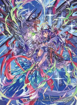 1girl ahoge almotaher_(z/x) aura bird_monster black_hands black_horns clawed_hands clenched_teeth colored_extremities copyright_notice grey_shoes halo highres horns kamiyugi_yachiyo long_hair midriff navel official_art purple_eyes purple_hair purple_shirt purple_shorts red_eyes shirt shoes shorts sparkle tapioka_chaso teeth thigh_strap traditional_halo z/x