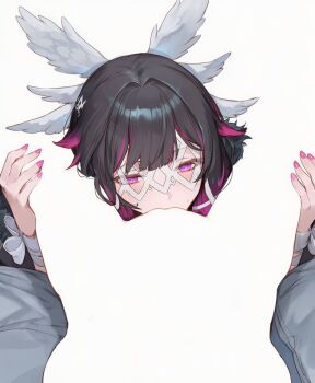 Rule 34 | 2girls, black hair, columbina (genshin impact), commentary request, cunnilingus, esthel, eye mask, female pov, genshin impact, hands on another's thighs, head wings, mask, meme, multicolored hair, multiple girls, negative space, negative space cunnilingus (meme), oral, pov, purple eyes, purple hair, pussy, two-tone hair, white wings, wings, yuri