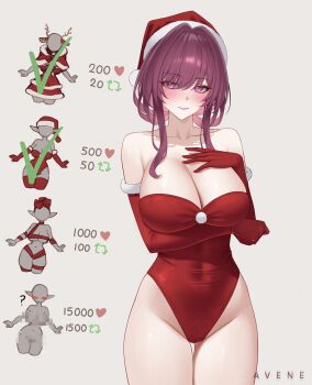 avene_chan blush breasts christmas closed_mouth commentary cowboy_shot elbow_gloves english_commentary fur-trimmed_gloves fur_trim gloves highres honkai:_star_rail honkai_(series) kafka_(honkai:_star_rail) large_breasts leotard purple_eyes purple_hair red_gloves red_leotard simple_background smile twitter_strip_game_parody white_background