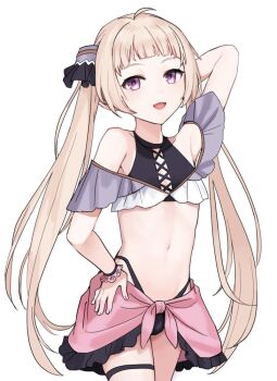 1boy :d ahoge arm_up bare_shoulders bikini black_panties blonde_hair bulge clothing_request crossdressing crossdressing_(mtf) elf flat_chest hair_ornament hand_on_own_hip long_hair looking_at_viewer male_focus midriff navel open_mouth panties pointy_ears princess_connect! purple_eyes shota skirt smile solo standing sunaba_(nczd5875) swimsuit thigh_strap thighhighs trap twintails underwear upper_body very_long_hair white_background yuki_(princess_connect!)
