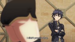 1boy 1girl animated anime_screenshot ass black_eyes black_hair black_jacket black_shorts black_thighhighs from_behind highres huge_ass jacket jewelry jumping krai_andrey legs long_sleeves looking_at_another lower_body multiple_rings nageki_no_bourei_wa_intaishitai ring shorts sound subtitled tagme thick_thighs thighhighs thighs tino_shade video