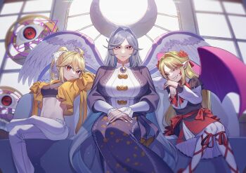 Rule 34 | 3girls, absurdres, adapted costume, alternate costume, angel, angel wings, bat wings, black dress, blonde hair, blue eyes, blue hair, blue skirt, blue vest, bow, brooch, clothing cutout, crescent, crossed legs, crossed wrists, dress, elis (touhou), extra eyes, facial mark, fangs, feathered wings, floral print, flower, frilled dress, frills, genderswap, genderswap (otf), guumin, hair bow, hair flower, hair ornament, hands on own legs, highly responsive to prayers, highres, jacket, jewelry, long hair, long skirt, long sleeves, looking at viewer, midriff, multiple girls, multiple wings, navel, navel cutout, pants, pointy ears, ponytail, puffy sleeves, purple eyes, purple wings, red eyes, ribbon, sariel (touhou), seraph, shirt, sitting, skirt, smile, star (symbol), star facial mark, stomach, thighhighs, touhou, touhou (pc-98), very long hair, vest, white bow, white pants, white shirt, white thighhighs, window, wings, yellow jacket, yuugenmagan