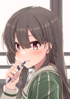 Rule 34 | 1girl, blunt bangs, blush, brown hair, closed mouth, commentary request, dress, fear jyosyu, green dress, hair between eyes, hand up, heijou institute school uniform, highres, holding, holding pencil, indoors, juujou hiyori, long hair, long sleeves, looking at viewer, mechanical pencil, pencil, red eyes, sailor collar, school uniform, sidelocks, smile, solo, toji no miko, upper body, white sailor collar, window, winter uniform