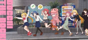 &gt;_&lt; 6+girls :d absurdres ahoge alcohol alcohol_carton angry ankle_socks arm_up black_choker black_dress black_hair black_pants black_ribbon black_sandals black_shirt black_shoes black_socks black_thighhighs blonde_hair blue_skirt blush bocchi_the_rock! bottle bow bowtie bra_strap braid breasts brown_cardigan brown_shirt buttons cardigan cellphone choker cleavage clenched_hand clenched_hands closed_eyes closed_mouth coin collarbone colored_inner_hair crying cube_hair_ornament detached_ahoge detached_sleeves dog dot_nose dress drunk eyes_visible_through_hair feet frown full_body geta gotoh_hitori gotoh_hitori_(octopus) grass green_dress hair_between_eyes hair_ornament hair_over_shoulder hair_ribbon hairclip hand_on_own_head hands_up highres hime_cut hiroi_kikuri holding holding_bottle holding_phone holed_coin ijichi_nijika ijichi_seika jacket jewelry jumping kita_ikuyo kneehighs loafers logo long_hair long_sleeves looking_at_another looking_back medium_breasts mole mole_under_eye multicolored_hair multiple_girls neck_ribbon one_eye_covered open_mouth pa-san pants phone pink_jacket pleated_skirt pointing polka_dot polka_dot_bow polka_dot_bowtie ponytail purple_hair real_life_insert real_world_location red_bow red_eyes red_hair red_shoes ribbon sailor_collar sake sake_bottle sandals school_uniform serafuku sharp_teeth shiba_inu shimokitazawa_high_school_uniform shirt shirt_tucked_in shirt_under_shirt shoes short_hair side_ahoge side_braid side_ponytail side_ponytail_with_braided_base single_braid skirt sleeveless sleeves_past_fingers sleeves_past_wrists small_breasts smartphone smile socks spaghetti_strap speech_bubble squeans straight_hair striped_clothes striped_pants tamakon_(twit_kon) teeth thighhighs thinking thought_bubble three-quarter_sleeves track_jacket two-tone_hair upper_teeth_only vending_machine vertical-striped_clothes vertical-striped_pants very_long_hair walking white_shirt white_socks yamada_ryo zipper