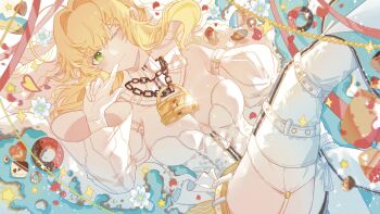 1girl ahoge bare_shoulders belt blonde_hair blurry breasts candy chain cleavage closed_mouth colored_eyelashes cookie depth_of_field detached_collar detached_sleeves donut fate/grand_order fate_(series) finger_to_mouth flower food garter_straps glint gloves green_eyes hair_between_eyes hair_intakes hand_up heart highres large_breasts leg_up leotard light_blush lock long_sleeves looking_at_viewer lying nero_claudius_(bride)_(fate) nero_claudius_(bride)_(second_ascension)_(fate) nero_claudius_(fate) on_back one_eye_closed padlock padlocked_collar puffy_detached_sleeves puffy_sleeves red_petals sleeveless leotard smile solo sparkle star_(symbol) strapless strapless_leotard sunfish3939 thigh_belt thigh_strap thighhighs veil white_flower white_gloves white_leotard white_thighhighs white_veil wide_sleeves zipper zipper_pull_tab