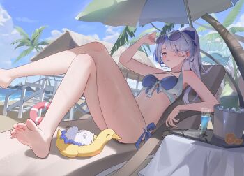 1girl absurdres ahoge arm_up barefoot beach_chair beach_umbrella blue_eyes blue_hair blush breasts colored_inner_hair crossed_legs cup day dodari eyelashes eyewear_on_head feet food foot_out_of_frame fruit grey_hair hebi_(vtuber) highres ice ice_cube indie_virtual_youtuber knees_together_feet_apart legs long_hair looking_at_viewer multicolored_hair navel orange_(fruit) orange_slice outdoors palm_tree parted_lips ponytail purple-tinted_eyewear sitting small_breasts soles solo sunglasses tinted_eyewear toes tree umbrella