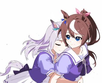 Rule 34 | 2girls, absurdres, animal ears, blue eyes, bow, bowtie, brown hair, closed eyes, closed mouth, commentary request, double-parted bangs, ear bow, ear ornament, green bow, habsida (habsida hpy), hair between eyes, hair bow, highres, horse ears, horse girl, horse tail, hug, hug from behind, korean commentary, long hair, mejiro mcqueen (umamusume), multicolored hair, multiple girls, pink bow, pleated skirt, ponytail, puffy short sleeves, puffy sleeves, purple bow, purple bowtie, purple hair, purple shirt, sailor collar, sailor shirt, school uniform, shirt, short sleeves, simple background, skirt, smile, streaked hair, summer uniform, tail, tokai teio (umamusume), tracen school uniform, umamusume, white background, white hair, white skirt, yuri