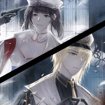 Rule 34 | 1boy, 1girl, aiguillette, alkaid mcgrath, alkaid mcgrath (infinite empire), black cape, black gloves, black hair, blonde hair, blood, blood on face, blood splatter, breasts, cape, chinese commentary, cleavage, collared shirt, commentary, contrast lapels, detached collar, dress, finger on trigger, frown, gloves, green eyes, gun, gun to head, hair between eyes, handgun, hat, heroine (lovebrush chronicles), holding, holding gun, holding weapon, imminent suicide, implied suicide, jacket, lapels, light particles, long hair, looking ahead, looking at another, lovebrush chronicles, low-tied long hair, medium hair, military hat, military uniform, necktie, parted lips, peaked cap, purple eyes, shirt, smile, split screen, weapon, white cape, white dress, white jacket, window, wo shi baitao zong, yellow necktie