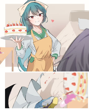 2girls birthday birthday_cake black_hair cake candle food green_hair green_sailor_collar grin hand_on_own_hip heart highres hiiragi_utena holding holding_cake holding_food lilachinami long_hair long_sleeves magia_azure magia_baiser magical_girl mahou_shoujo_ni_akogarete minakami_sayo multiple_girls ponytail red_eyes sailor_collar shirt smile strawberry_shortcake tackle teeth white_shirt yuri