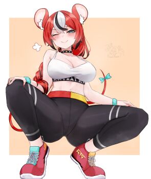 1girl absurdres animal_ear_fluff animal_ears black_pants black_streaks blue_bow blue_eyes bow breasts cleavage closed_mouth collar commentary english_commentary hakos_baelz highres hololive hololive_english large_breasts long_braid mouse_ears mouse_girl mouse_tail navel one_eye_closed pants red_hair red_nails red_shoes scrunchie shoes smile solo soup_(soupysoull) spiked_collar spikes sports_bra spread_legs squatting tail tail_bow tail_ornament virtual_youtuber white_hair white_sports_bra wrist_scrunchie yoga_pants