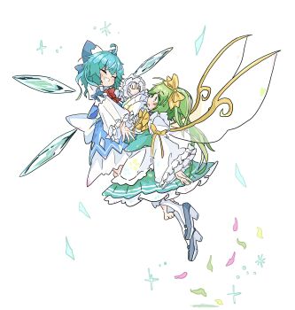 2girls absurdres adapted_costume arm_bow barefoot blue_bow blue_dress blue_hair bow cirno closed_eyes closed_mouth daiyousei dancing dress fairy_wings frills green_eyes green_hair hair_bow high_heels highres ice ice_wings long_sleeves looking_at_another multiple_girls ribbon side_ponytail simple_background smile tatutaniyuuto touhou white_background wide_sleeves wings yellow_bow