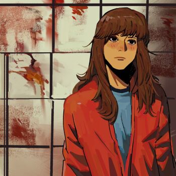 1girl 2025 blood blood_on_wall blood_stain blue_shirt brown_hair closed_mouth expressionless final_destination_(movie) hashtag-only_commentary highres jacket konami portrait red_jacket sh4 shirt silent_hill_(series) silent_hill_3 tile_wall tiles warner_bros. wendy_christensen